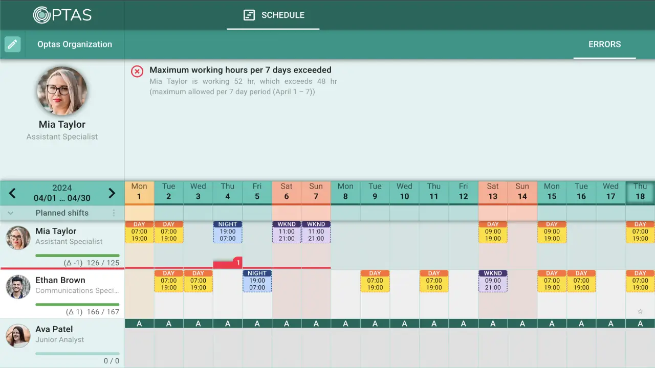 OPTAS employee scheduling software error notifications
