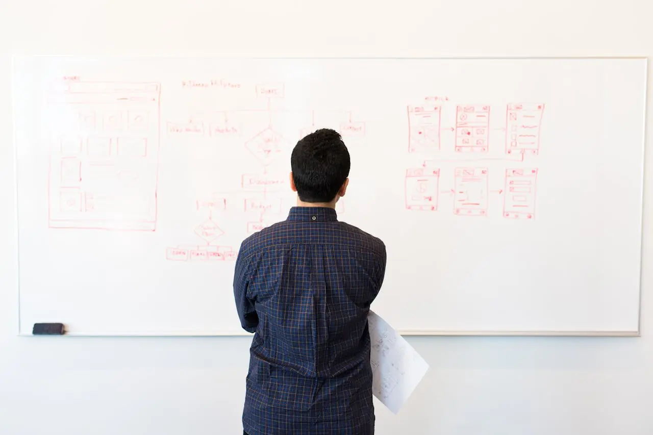 A person standing in front of a whiteboard