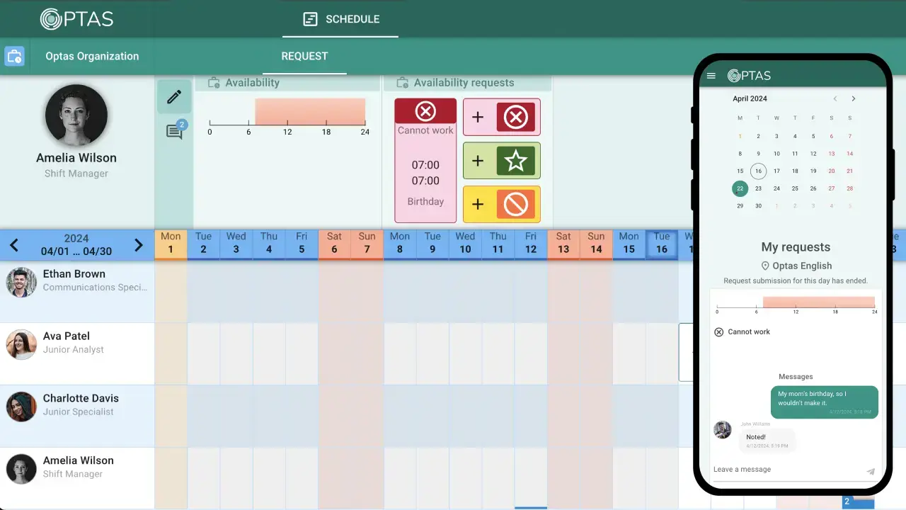 Employees can send requests throught OPTAS app