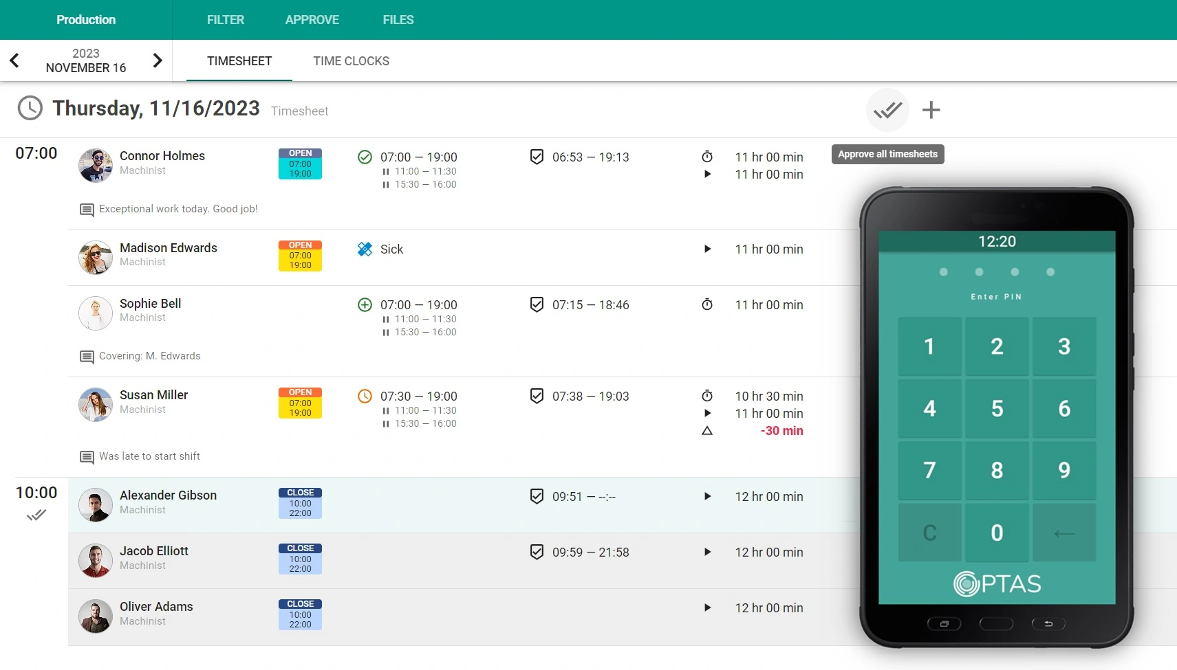OPTAS TimeClock app is available on the tablet or the phone