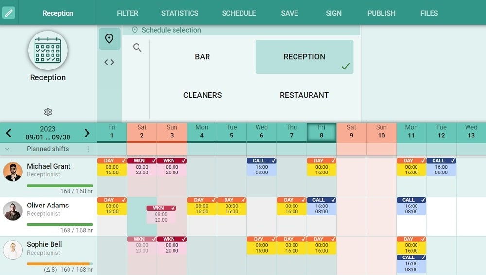 OPTAS hospitality scheduling software for different departments